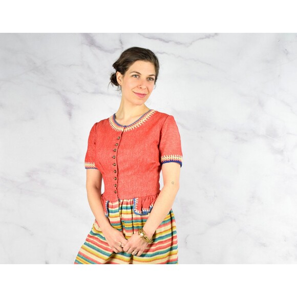 1940s Rainbow Dress Size Small 40s Striped Peplum Dress Crochet Details Wool - Picture 10 of 10